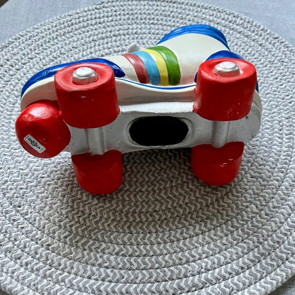 Vintage 1980s Ceramic Roller Skate Bank with Rainbow Stripes and Real Shoelace - Picture 7 of 8